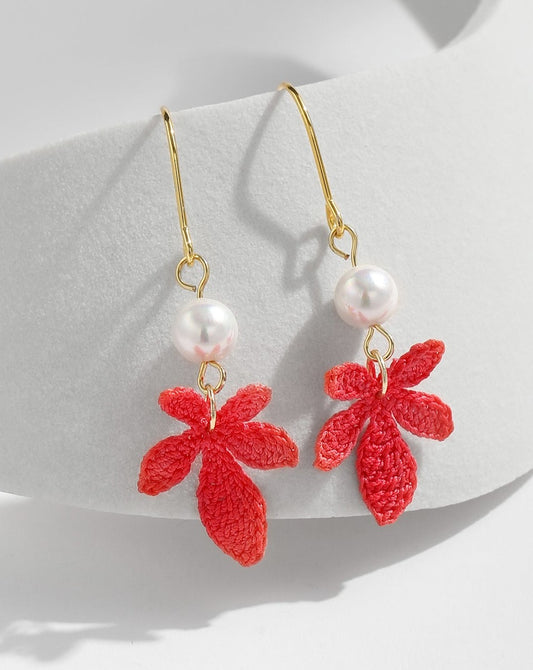Micro Crochet Earring | Red Maple Leaf