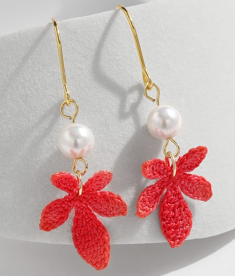 Micro Crochet Earring | Red Maple Leaf
