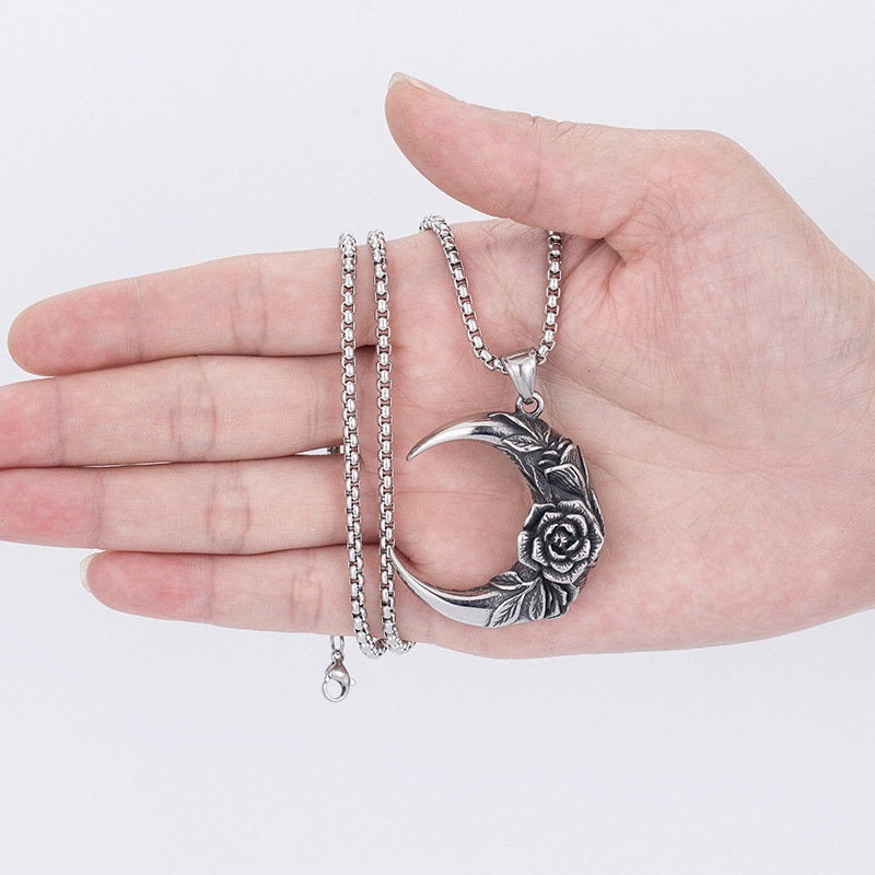 Stainless Steel Moon with Rose Necklace