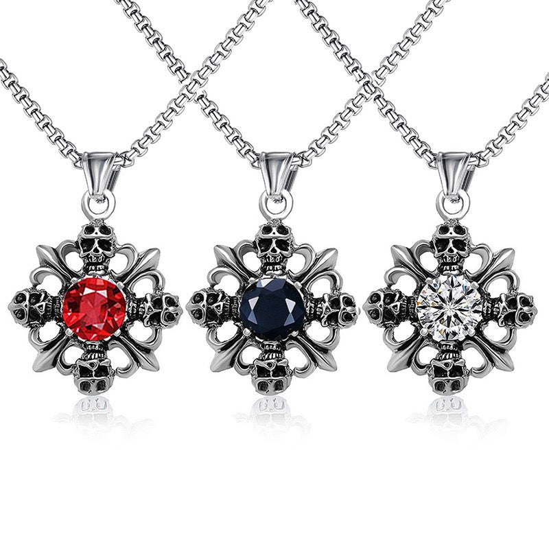 Stainless Steel Skull with Gemstone Necklace