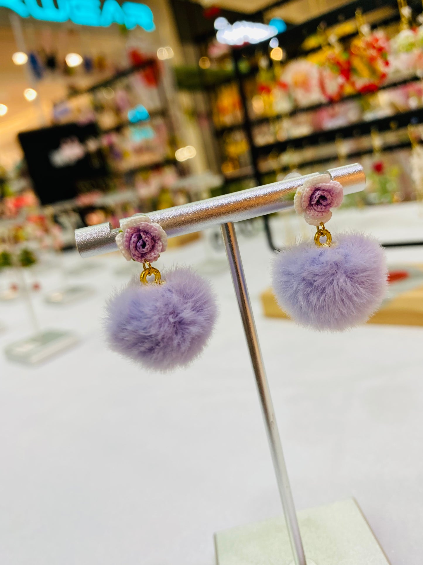 Micro Crochet Rose & Fluffy Pom Pom Earring - Lilac Bloom