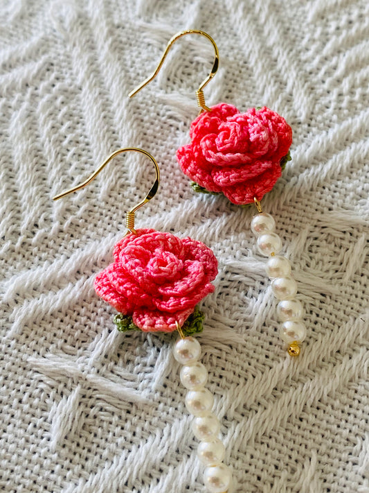 Micro Crochet Earring | Large Pink Rose with string of pearls