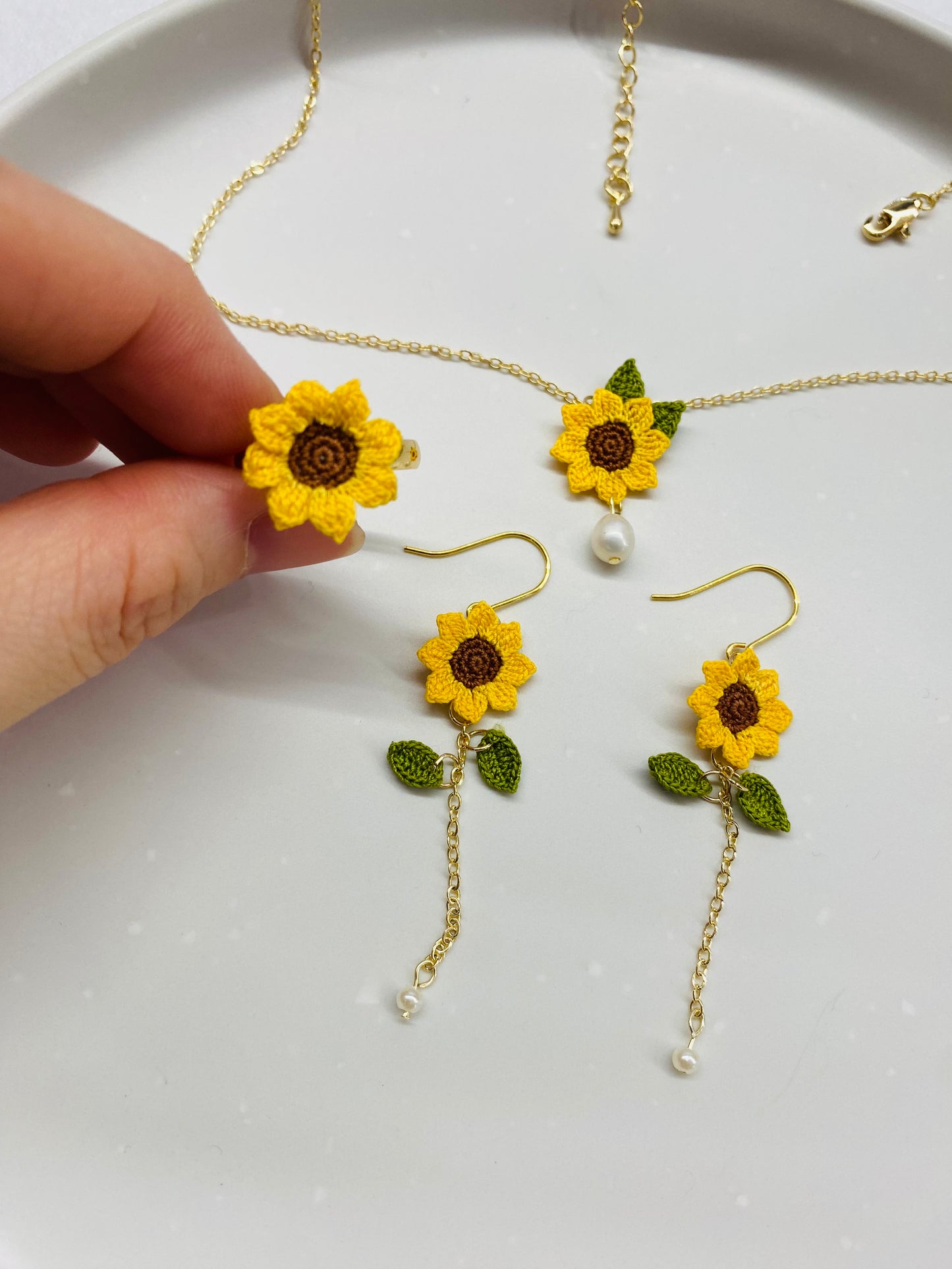 Micro Crochet Sunflower Earrings - Handmade Sunflower Jewelry, Boho summer Gift