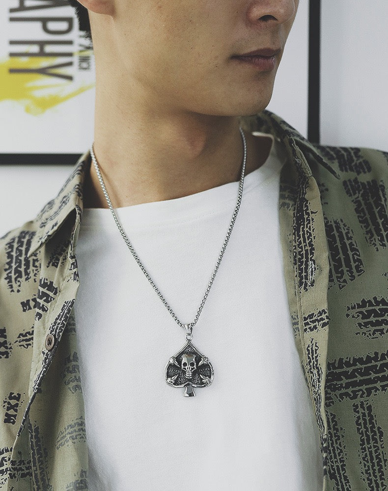 Stainless Steel Skull Spades Necklace