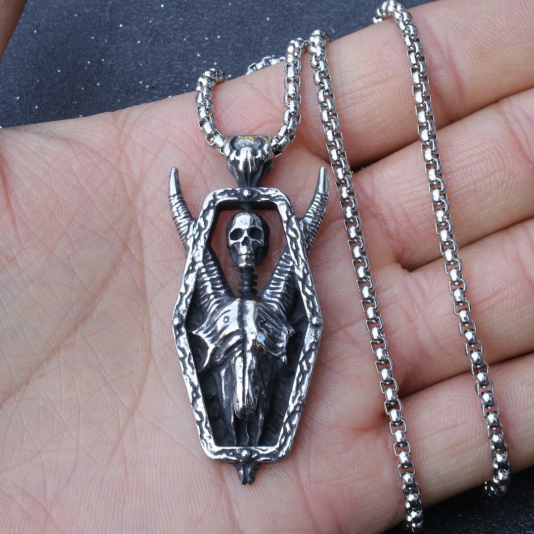 Stainless Steel Long Horned Demon Skull Necklace