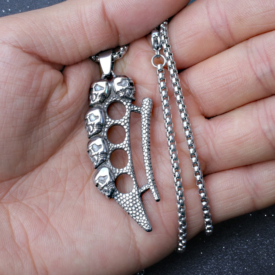 Stainless Steel Skull Knuckle Dagger Knife Necklace