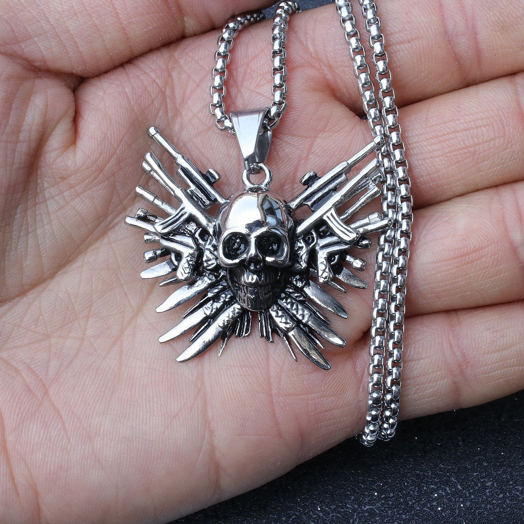 Stainless Steel Skull with Gun Necklace