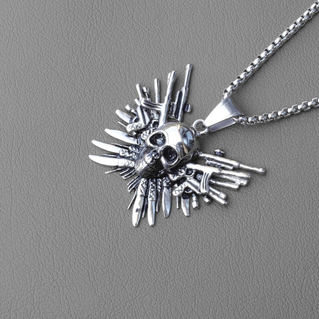 Stainless Steel Skull with Gun Necklace