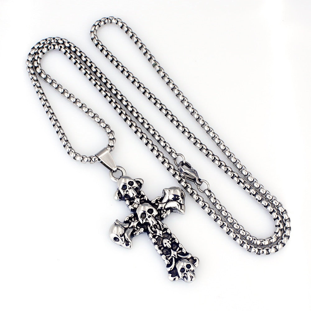 Stainless Steel Skull Collector Cross Necklace Skull Fan