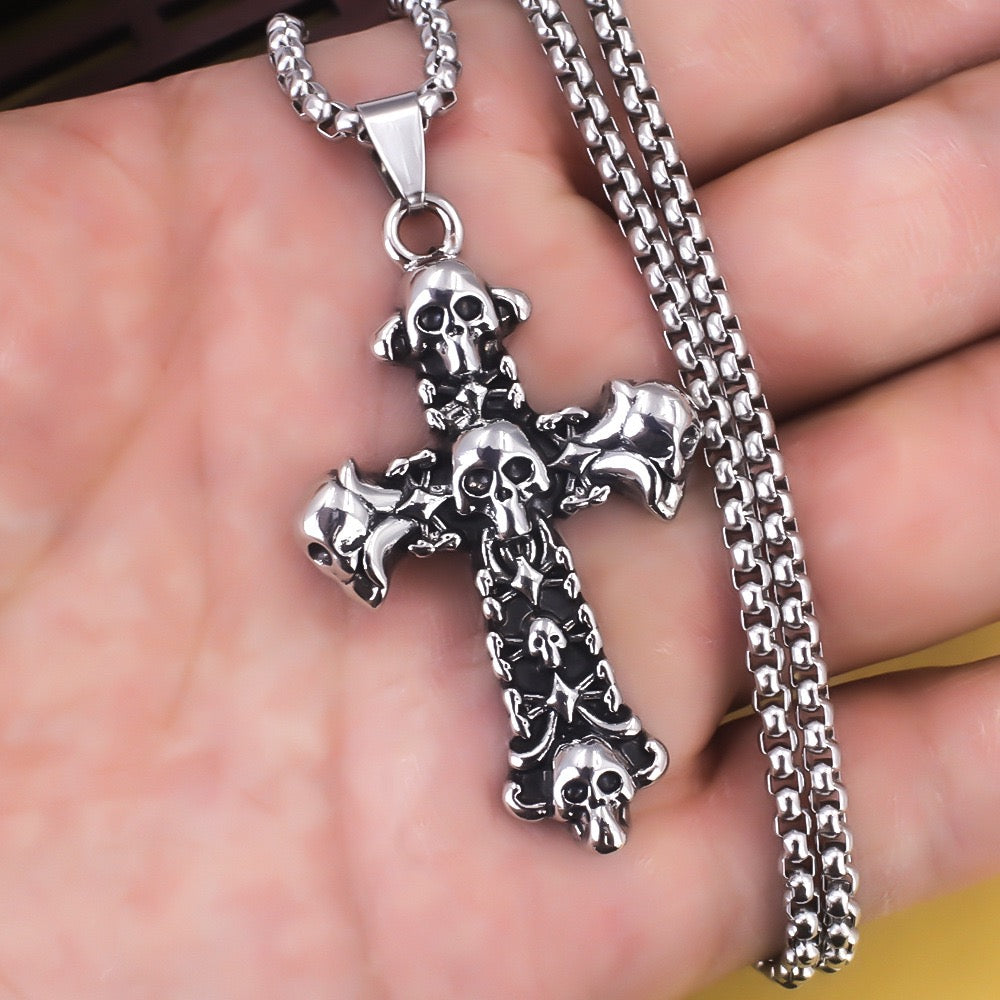Stainless Steel Skull Collector Cross Necklace Skull Fan