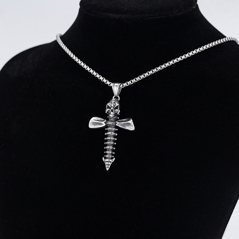 Stainless Steel Screw design Skull Cross Necklace