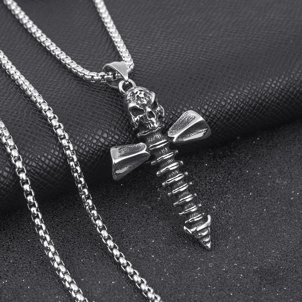 Stainless Steel Screw design Skull Cross Necklace