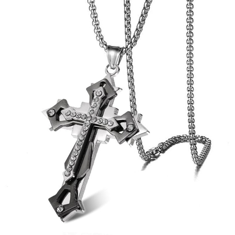 Stainless Steel Diamond-studded multi-layer Cross Necklace
