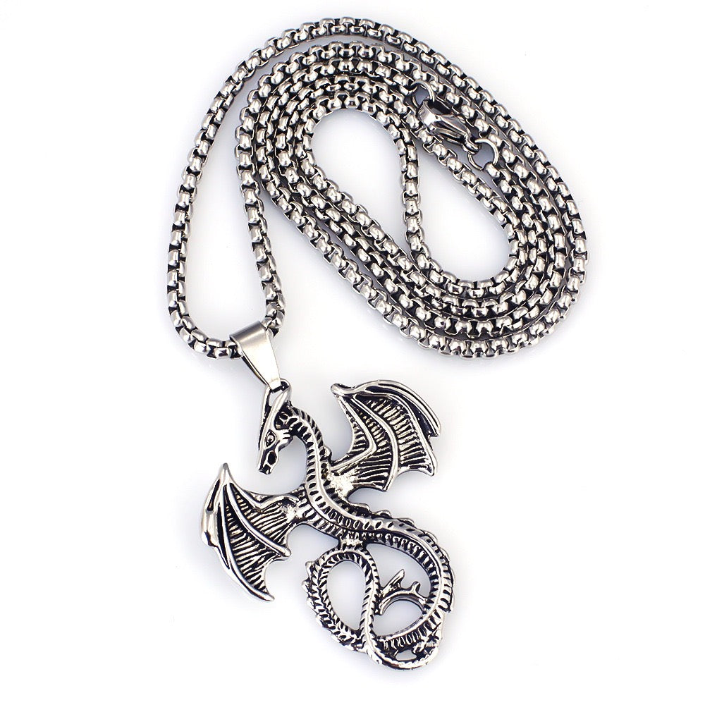Stainless Steel Winged Dragon Necklace Mythical