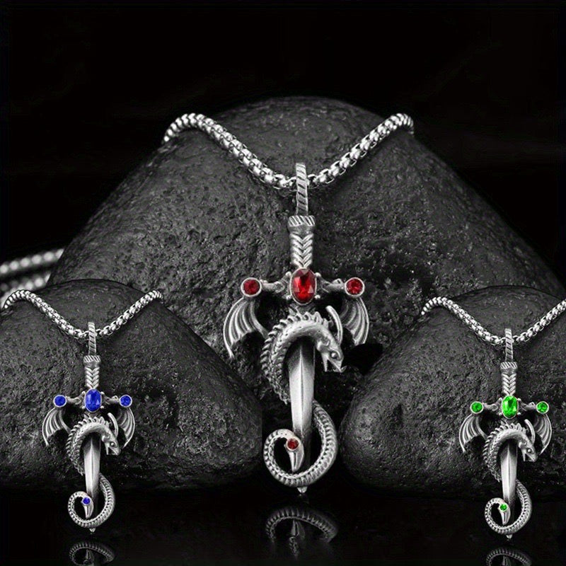 Stainless Steel Dragon Sword with Gemstone Necklace