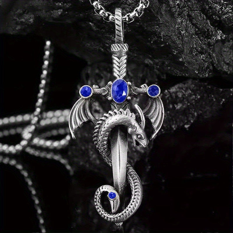 Stainless Steel Dragon Sword with Gemstone Necklace