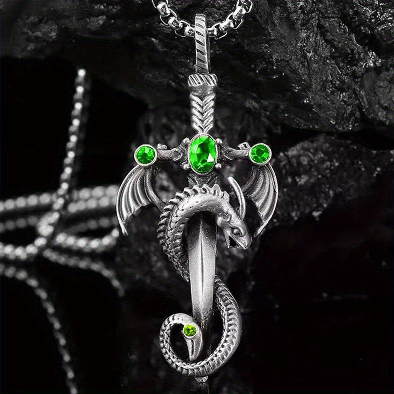 Stainless Steel Dragon Sword with Gemstone Necklace