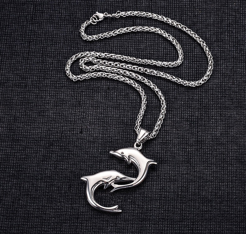 Stainless Steel Playful Dolphins Necklace