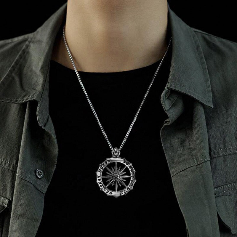 Stainless Steel Sunburst Compass Necklace