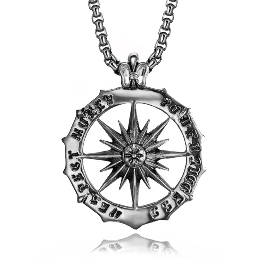 Stainless Steel Sunburst Compass Necklace