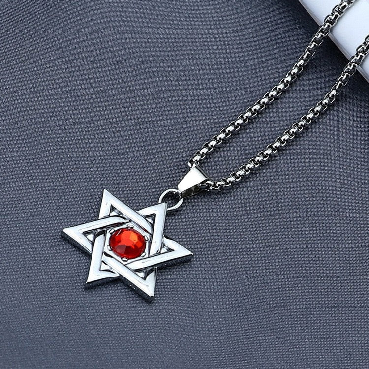 Stainless Steel Six-Pointed Star with Gemstone Necklace