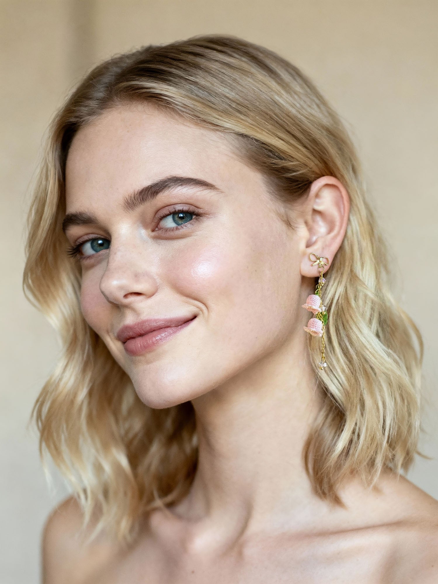 Micro Crochet Earrings | Pink Lily of the Valley with Bow