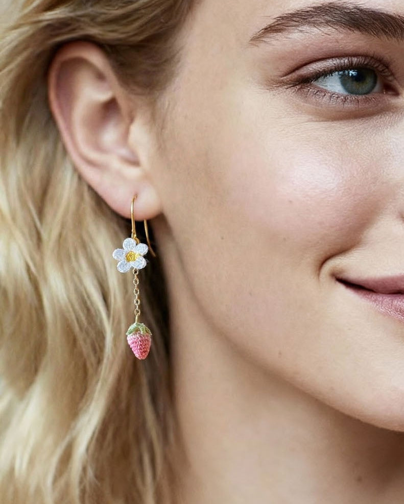 Pink Strawberry Micro-Crochet Earrings