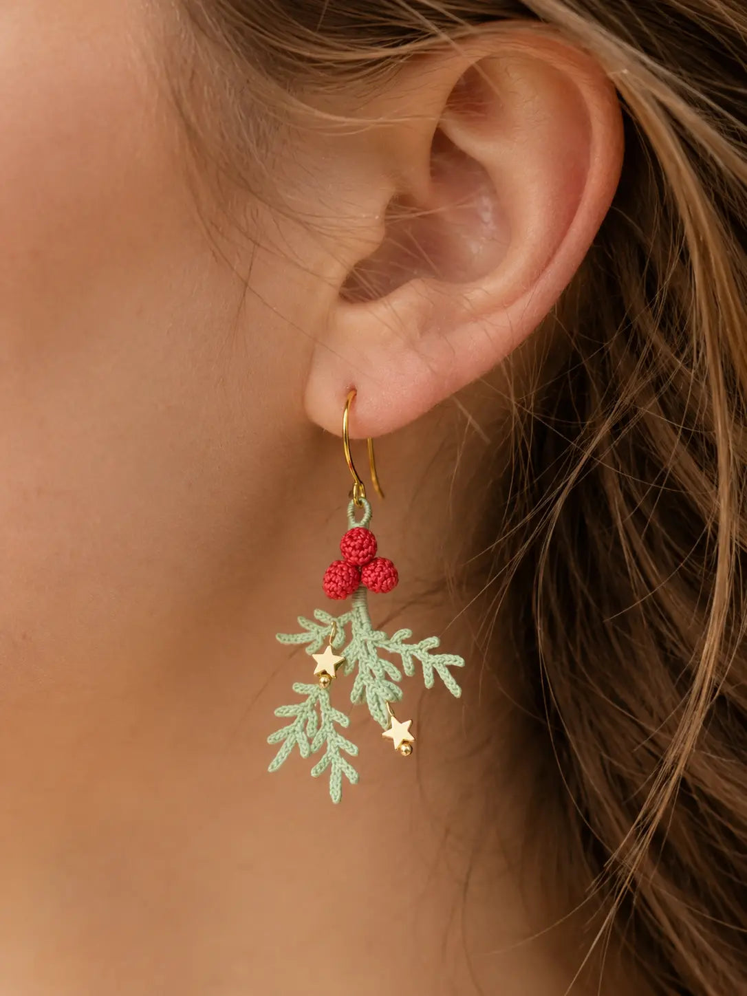 Christmas Holly Berry & Star Drop Earrings