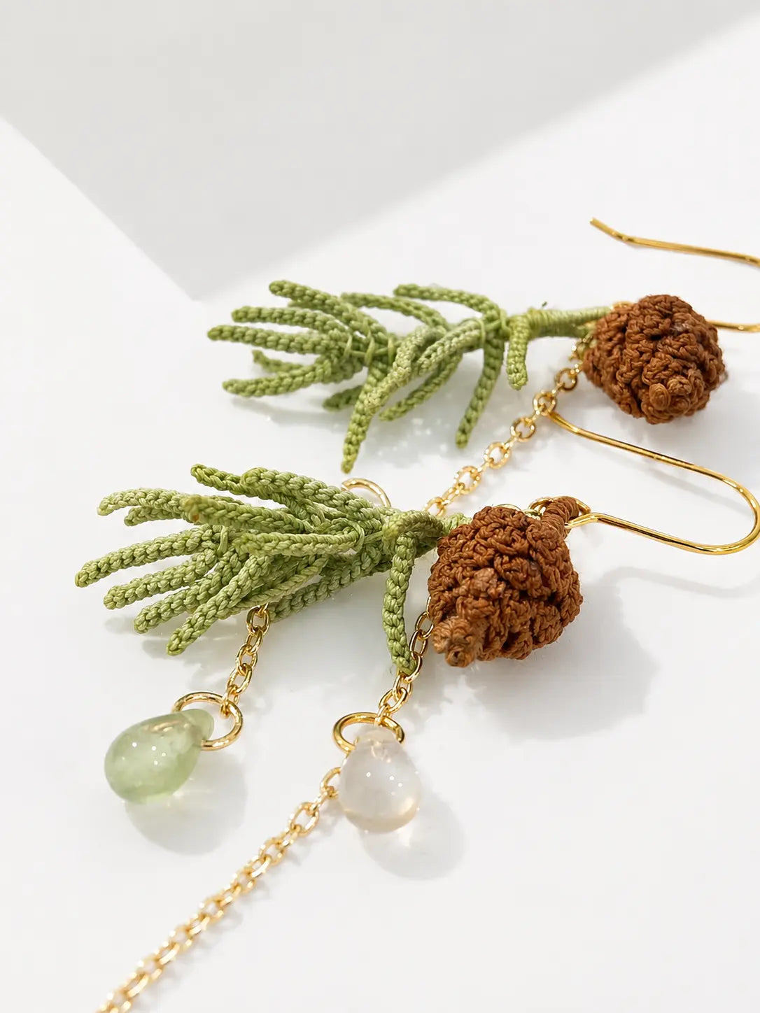 Pinecone, Pine Needle & Crystal Dangle Earrings