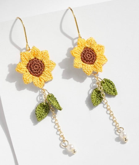 Micro Crochet Sunflower Earrings - Handmade Sunflower Jewelry, Boho summer Gift