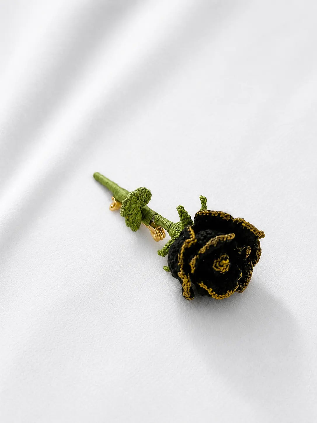 Gold-Trimmed Black Rose Brooch