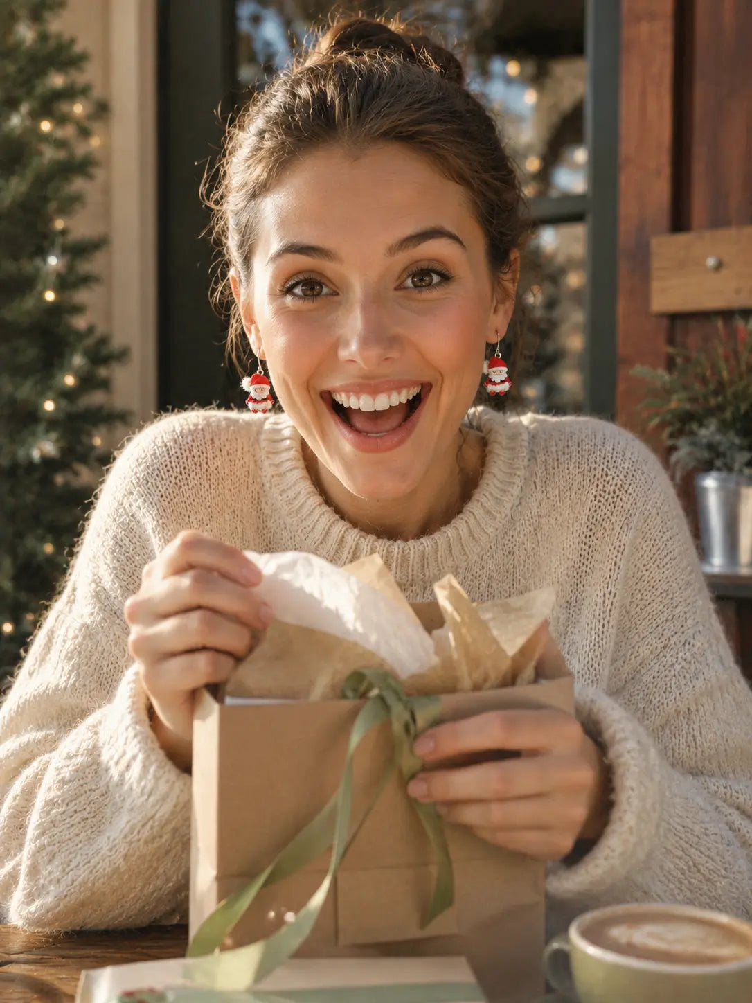Woman wearing Santa Claus crochet earrings while holding a gift in a festive holiday setting