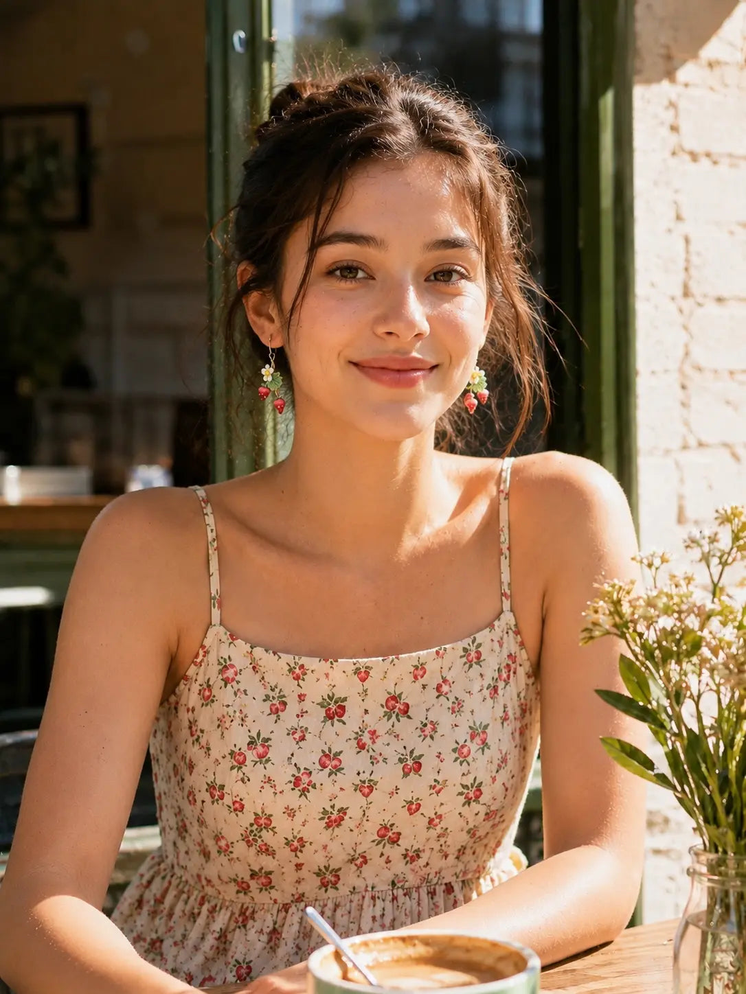 Smiling woman wearing white flower and strawberry crochet drop earrings at a bright café table.