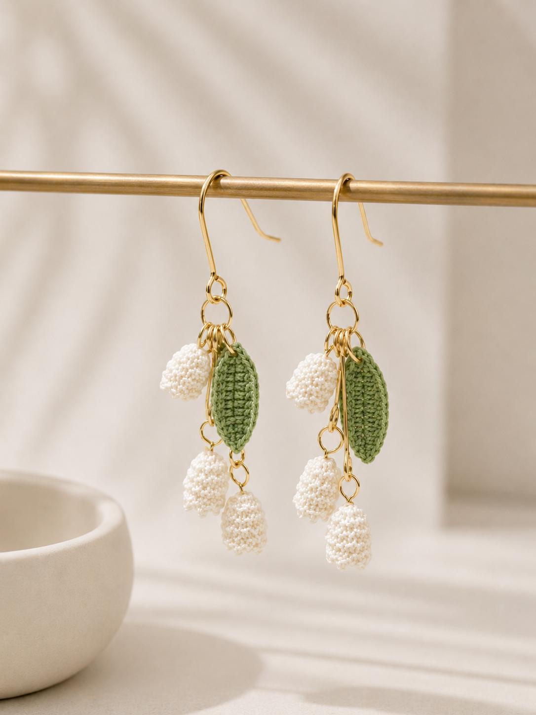 White Lily of the Valley Drop Micro-Crochet Earrings