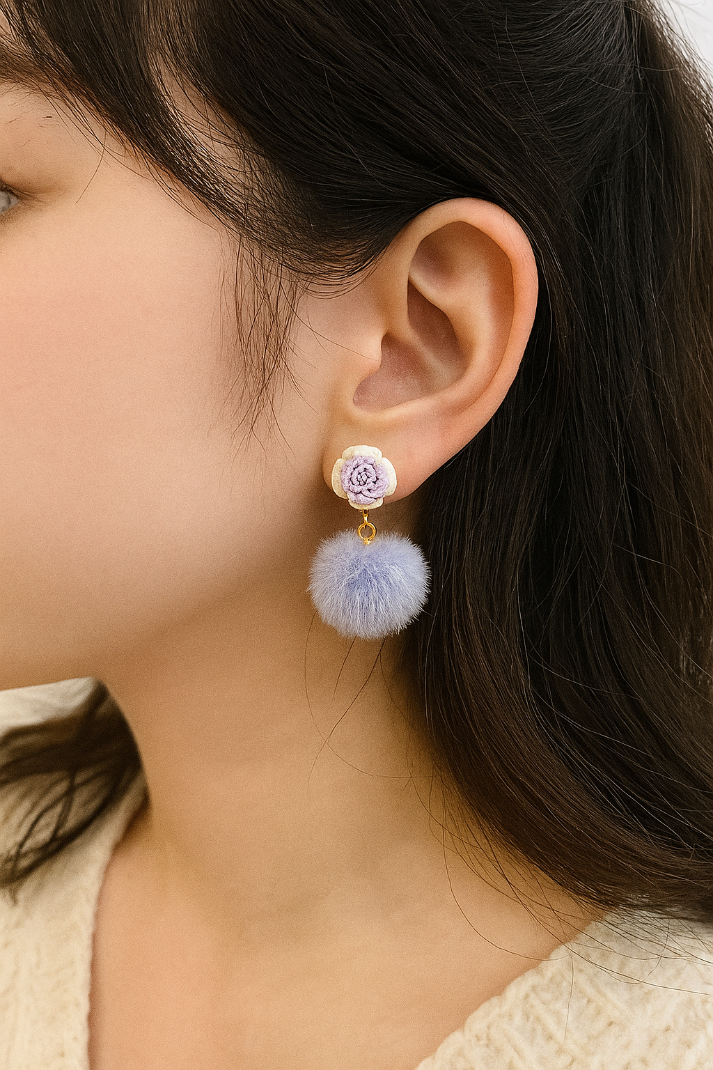 Micro Crochet Rose & Fluffy Pom Pom Earring -  Lilac Bloom