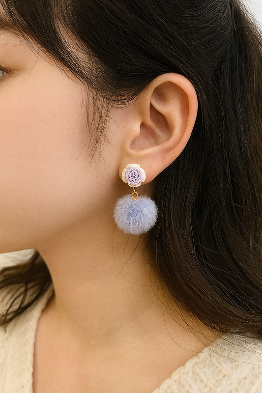 Micro Crochet Rose & Fluffy Pom Pom Earring -  Lilac Bloom