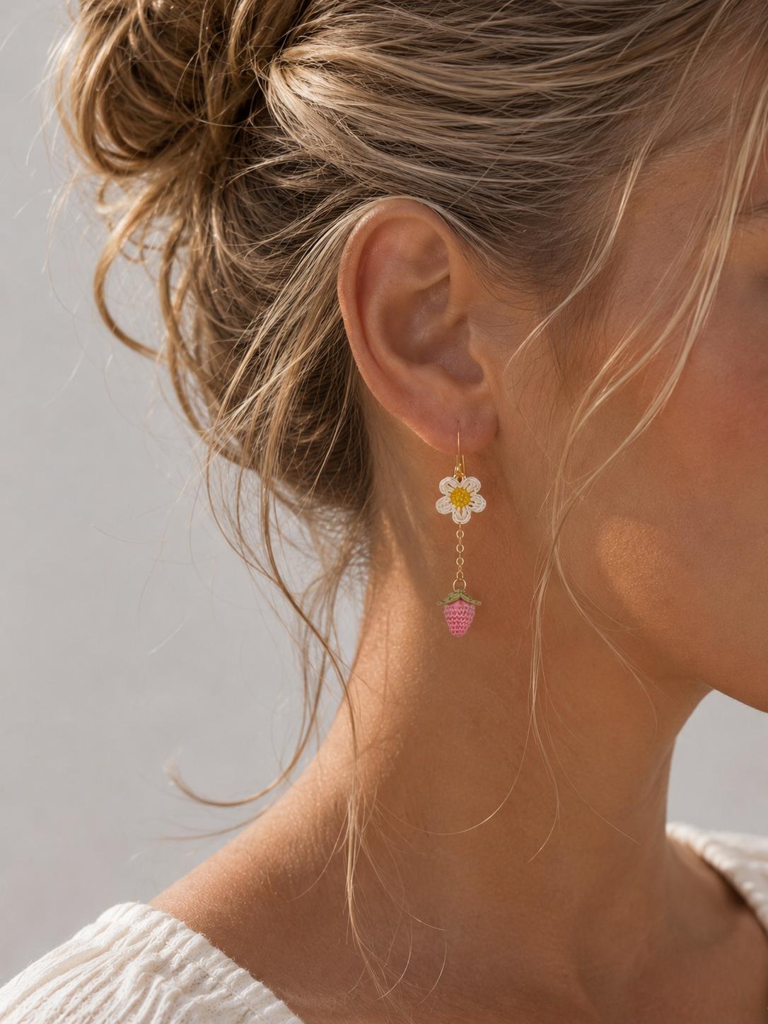 Pink Strawberry Micro-Crochet Earrings