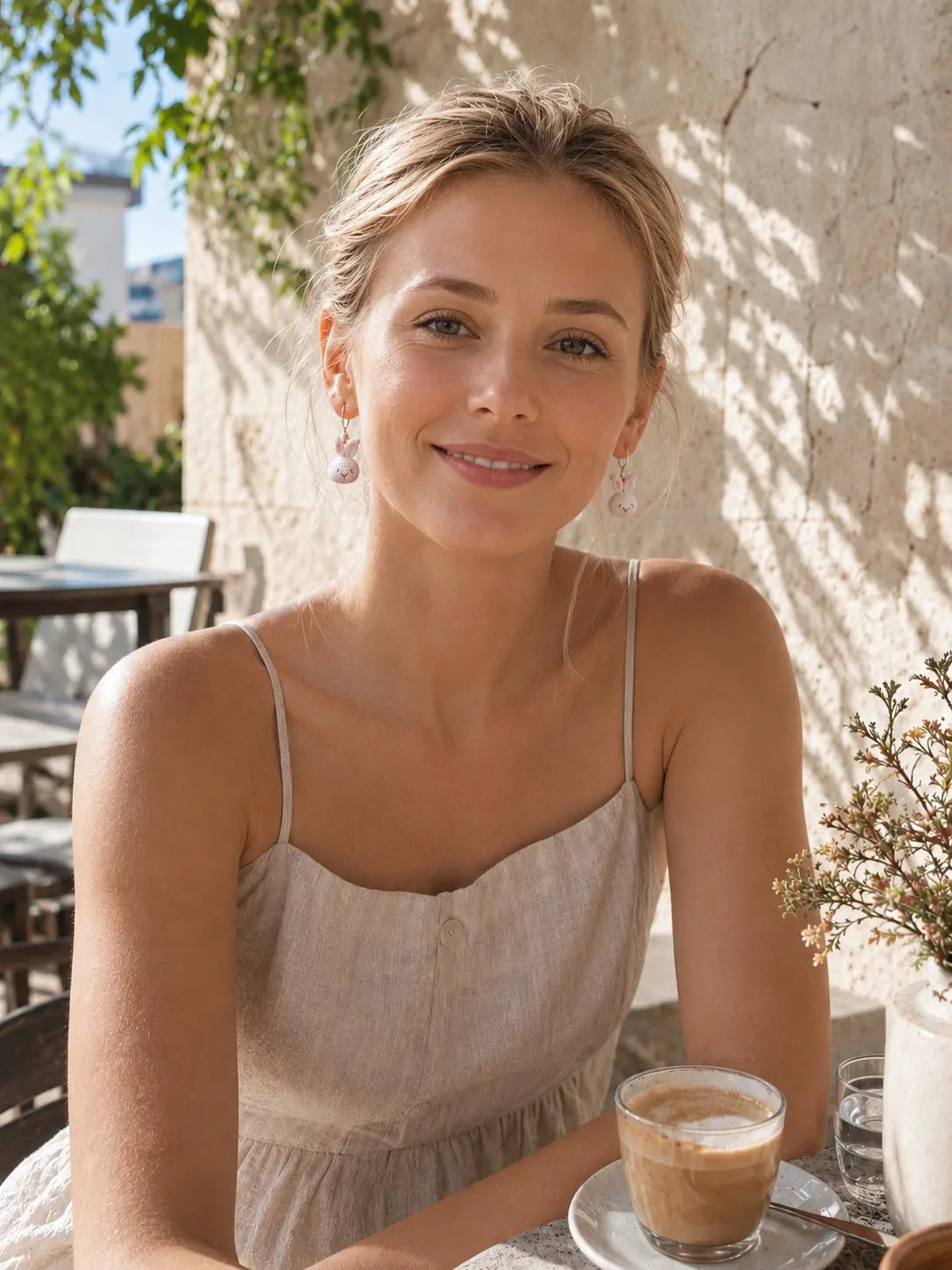 Smiling woman wearing delicate crochet bunny face drop earrings at a bright outdoor café.