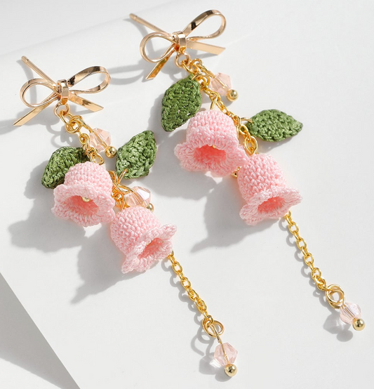 Micro Crochet Earring | Pinky Lily of the valley Bow drop