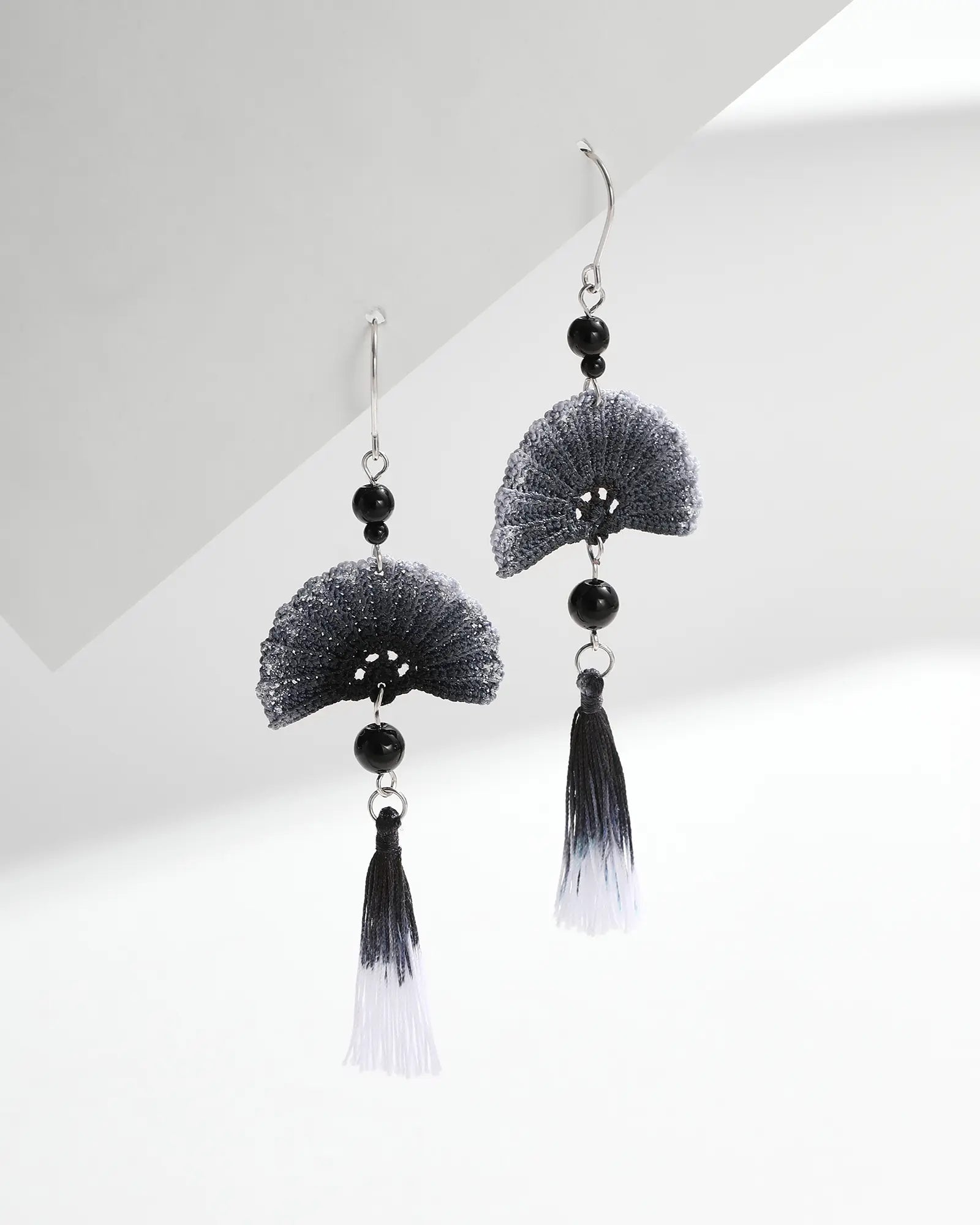 Black Fan & Tassel Dangle Earrings