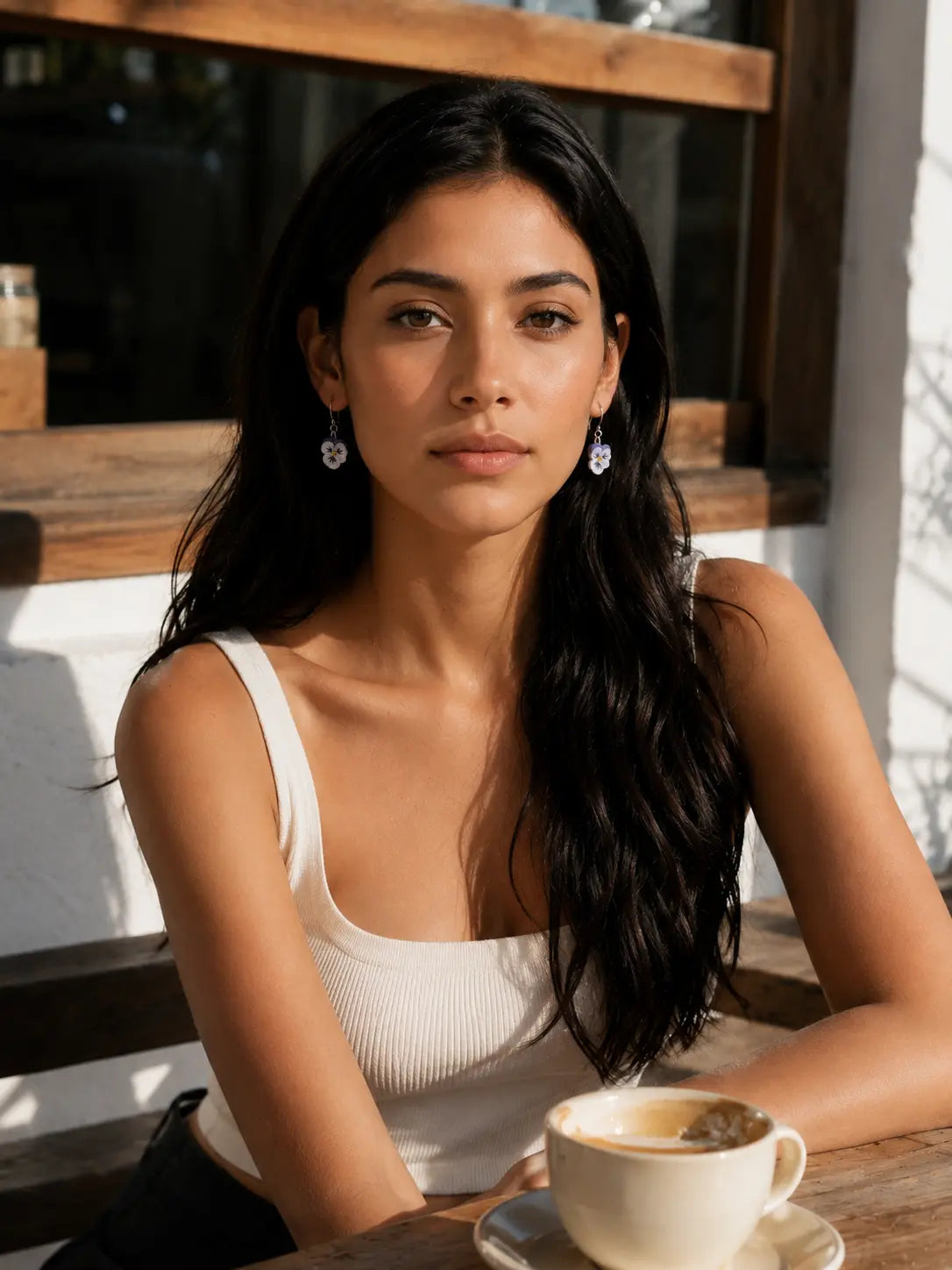 Brunette woman wearing light purple Pansy Drop Earrings in a café lifestyle setting.