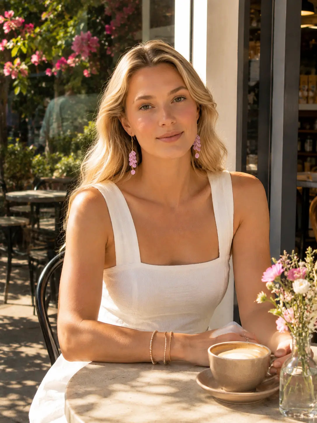Lifestyle view of a model wearing purple Tassel Leaves Drop Earrings in a sunny café setting