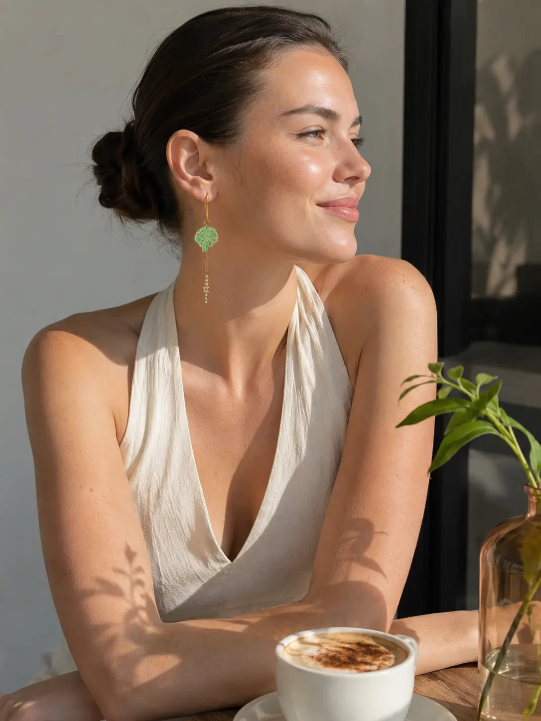 Monstera Leaf & Crystal Fringe Earrings