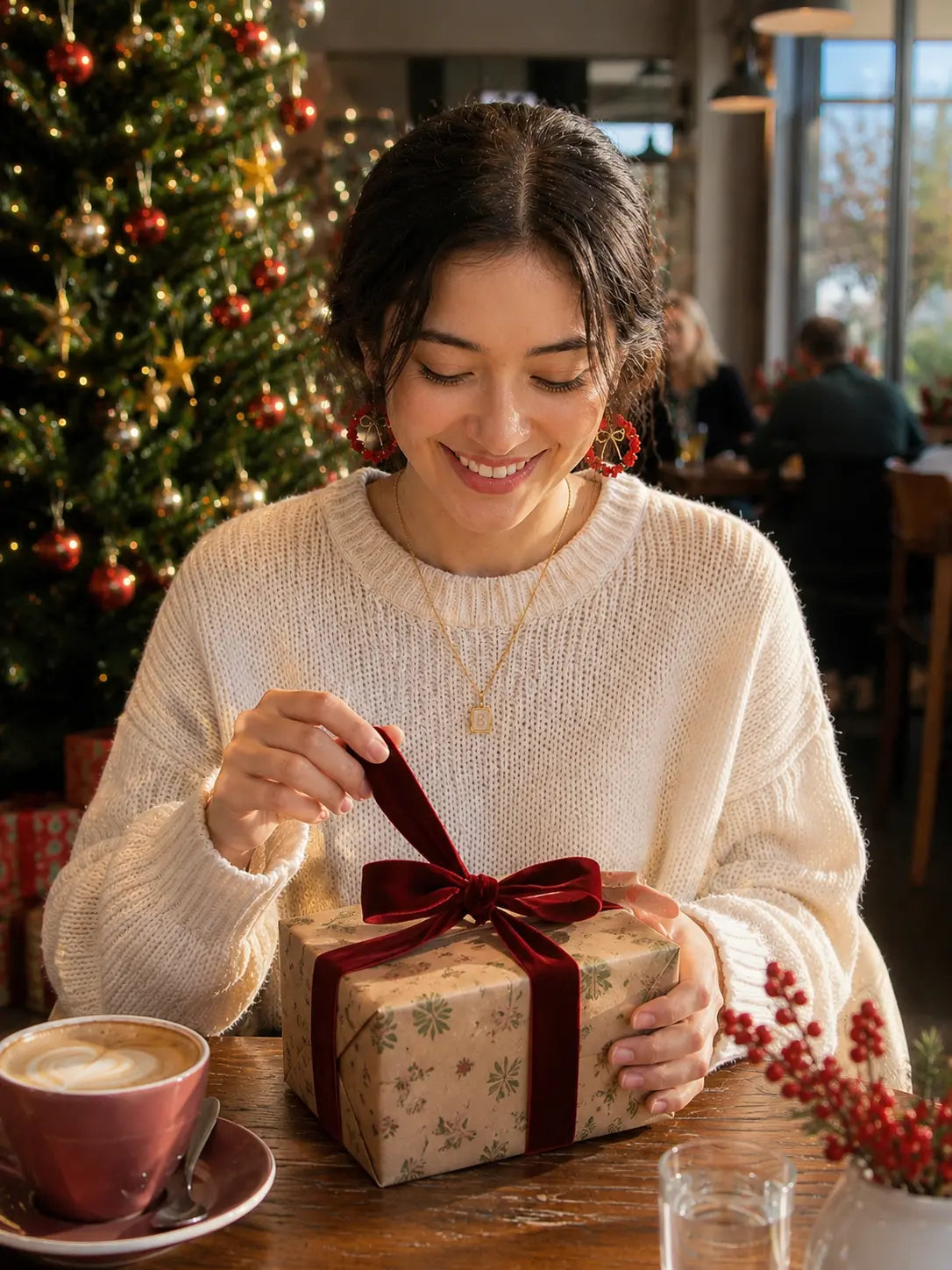 Lifestyle photo of a woman wearing red Christmas wreath drop earrings while holding a wrapped gift in a festive cafe setting