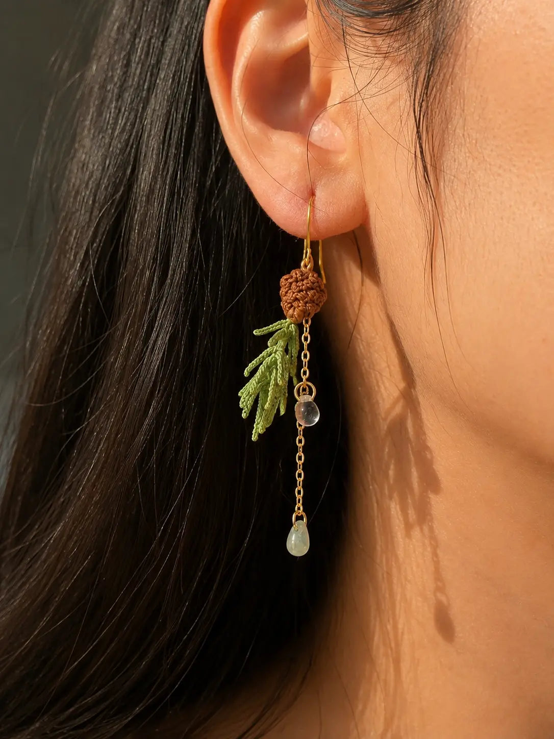 Pinecone, Pine Needle & Crystal Dangle Earrings
