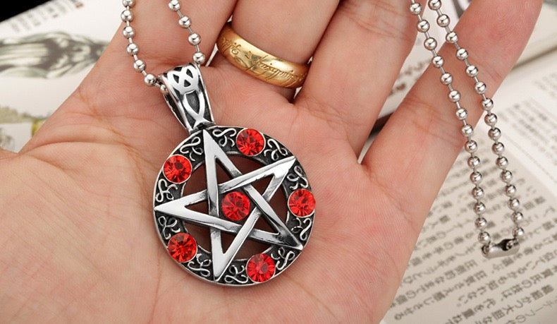 Stainless Steel Pentagram Pendant with Crystals Necklace
