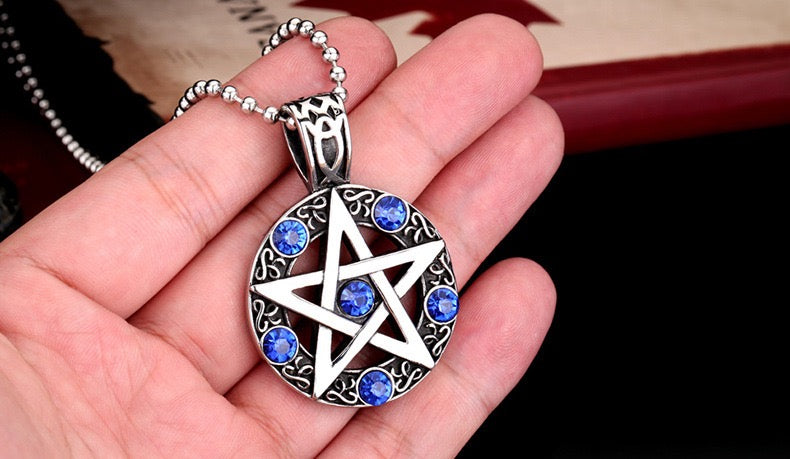 Stainless Steel Pentagram Pendant with Crystals Necklace