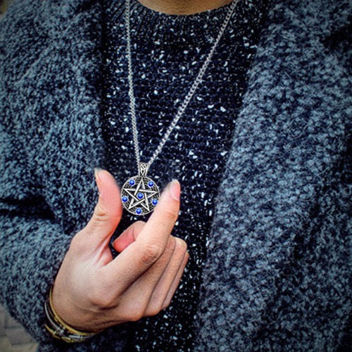 Stainless Steel Pentagram Pendant with Crystals Necklace