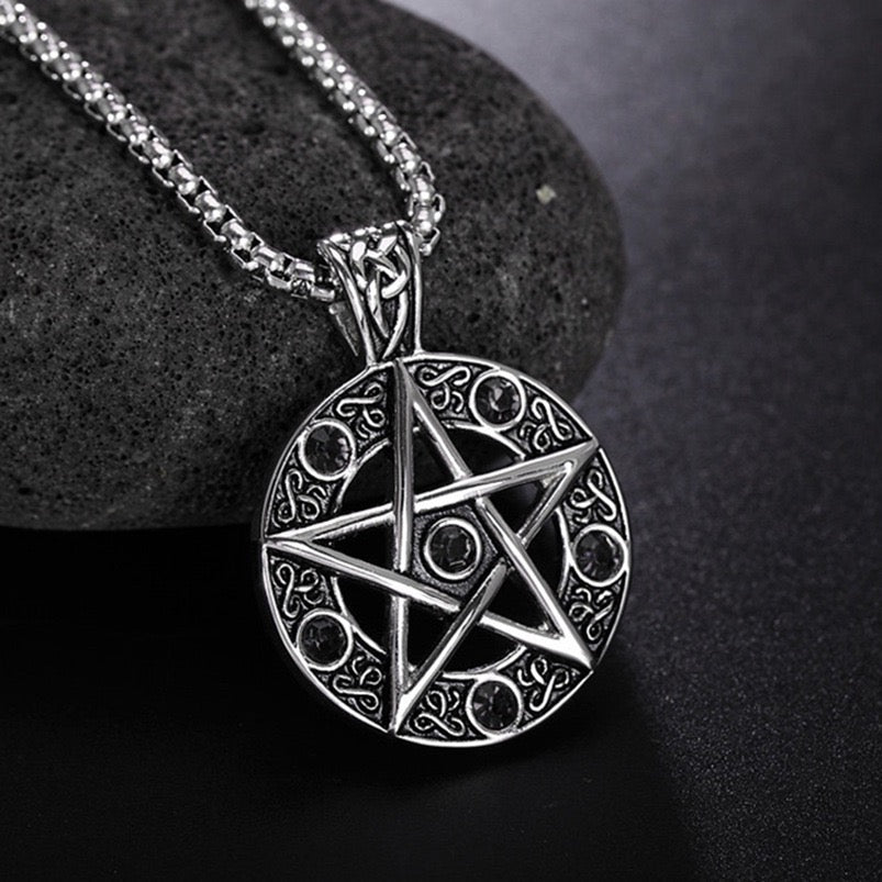 Stainless Steel Pentagram Pendant with Crystals Necklace