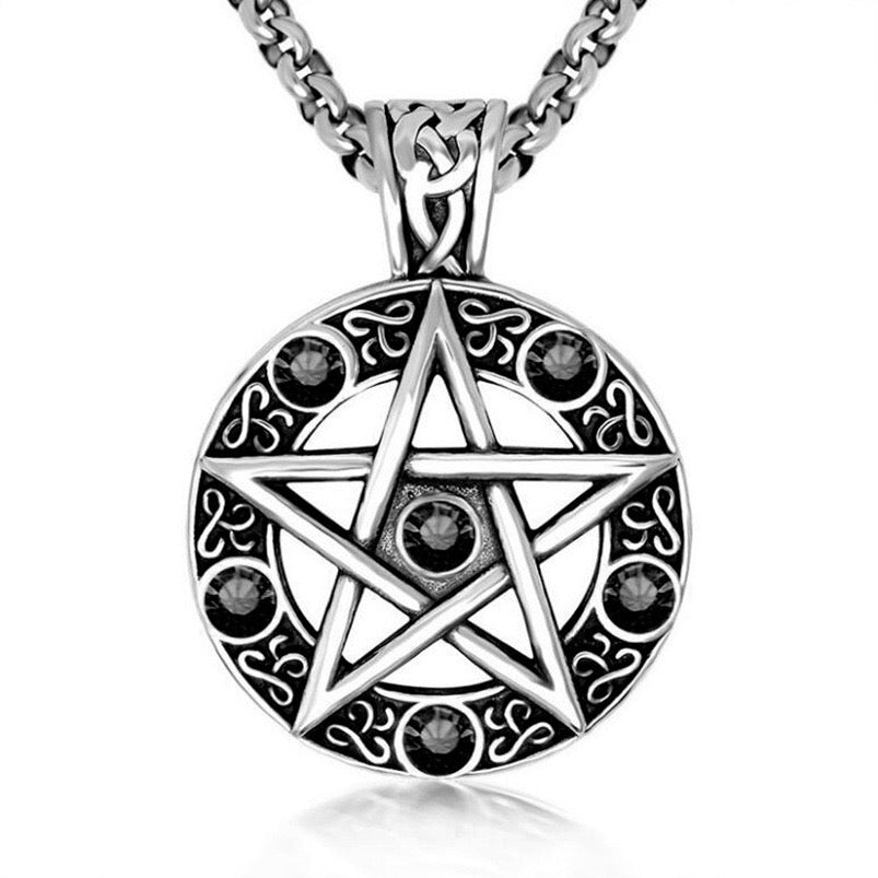 Stainless Steel Pentagram Pendant with Crystals Necklace